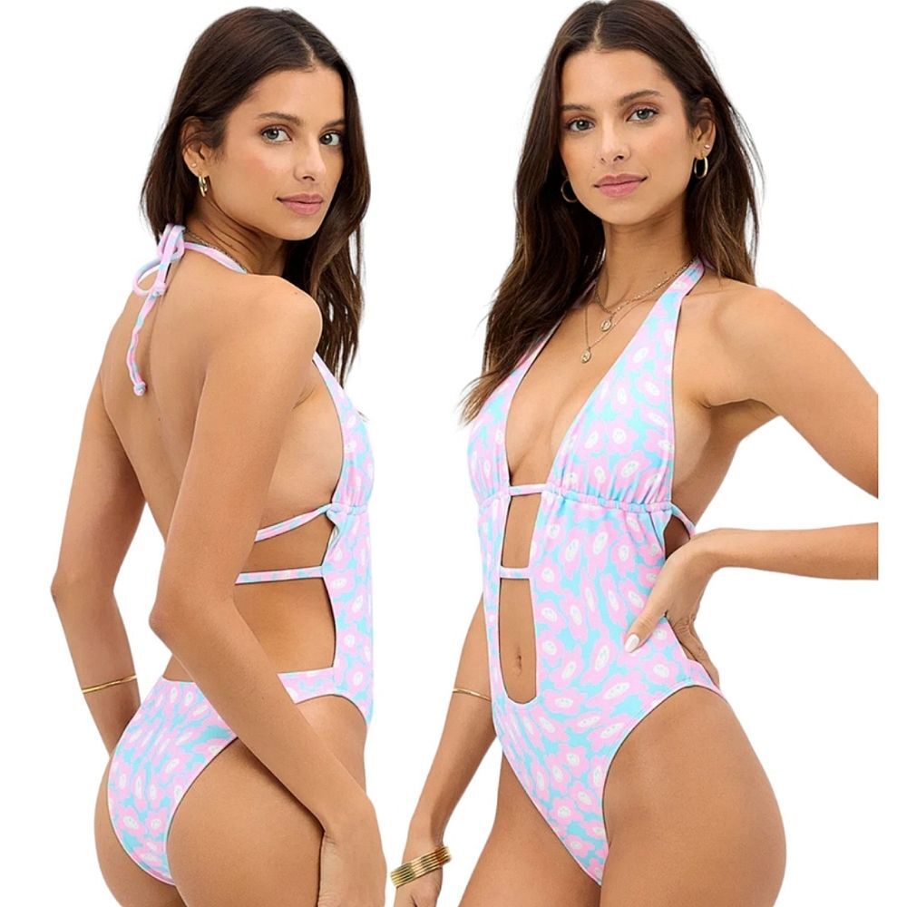 Frankies Bikinis Womens Pink Blue Floral Halter Cutout One Piece Swimsuit Large